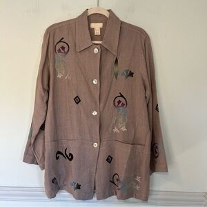 J. Jill 100% Linen Gray & Purple Printed Oversize Button Up Long Sleeve Blouse